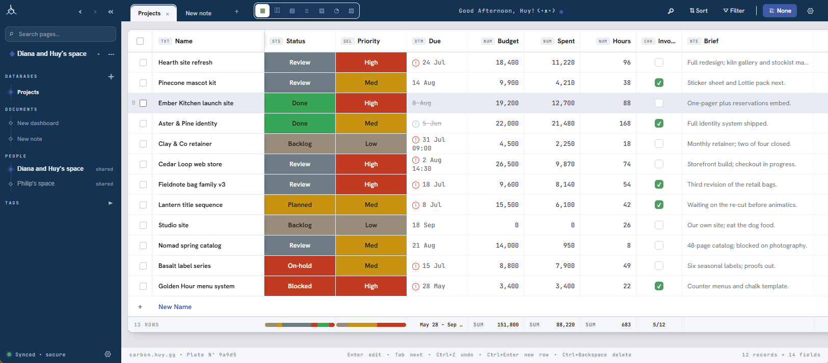 The carbon project table: column headers badged with their PostgreSQL types
